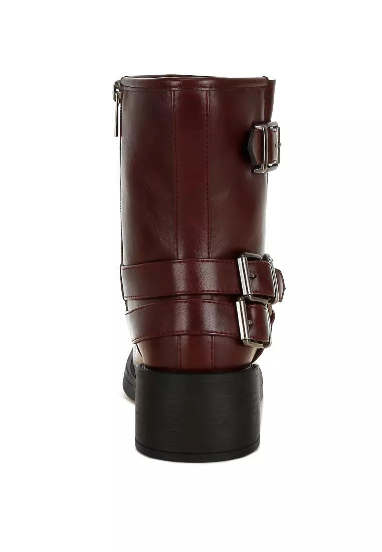 Harness Detail Biker Boots in Burgundy