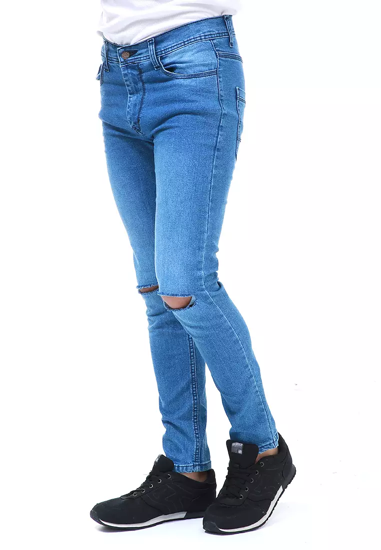 Locko Celana Panjang Pria Ripped Long Pants Casual Material Jeans ORIGINAL - Light Blue