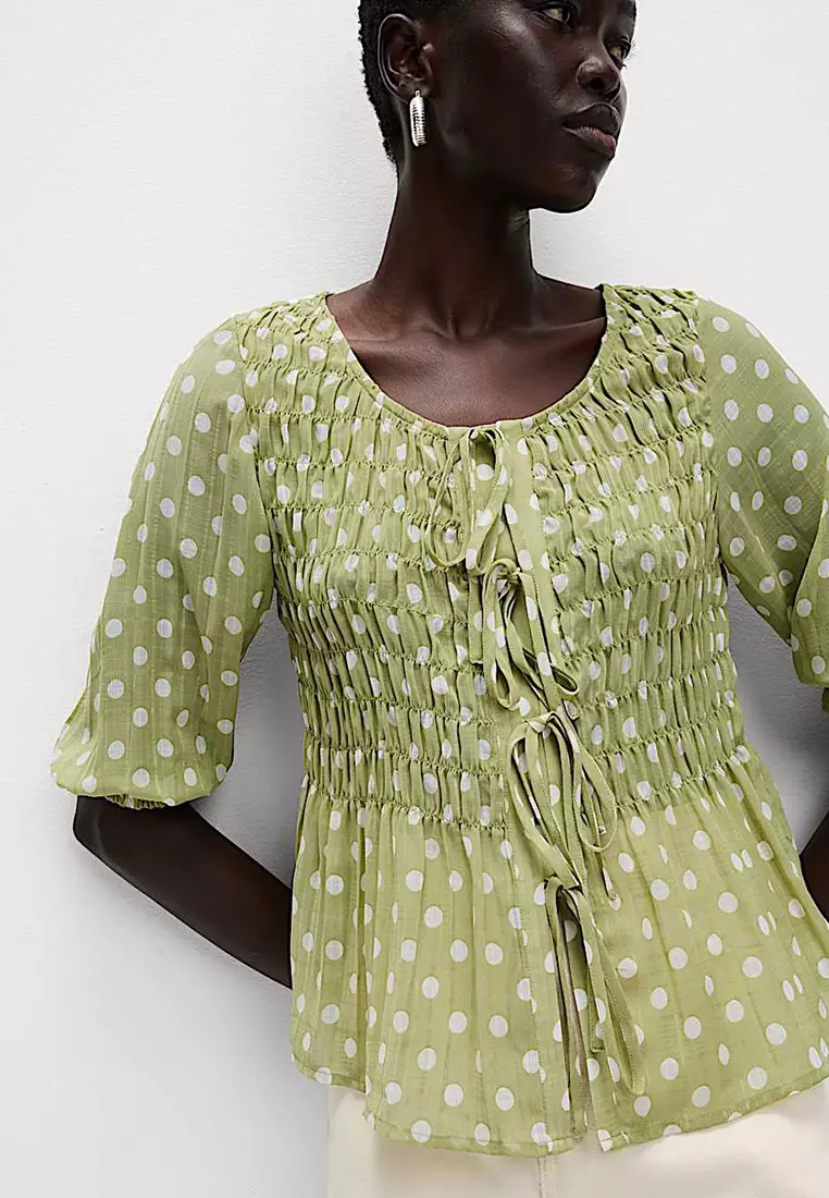 Printed Shirred Tie Detail Puff Sleeve Blouse