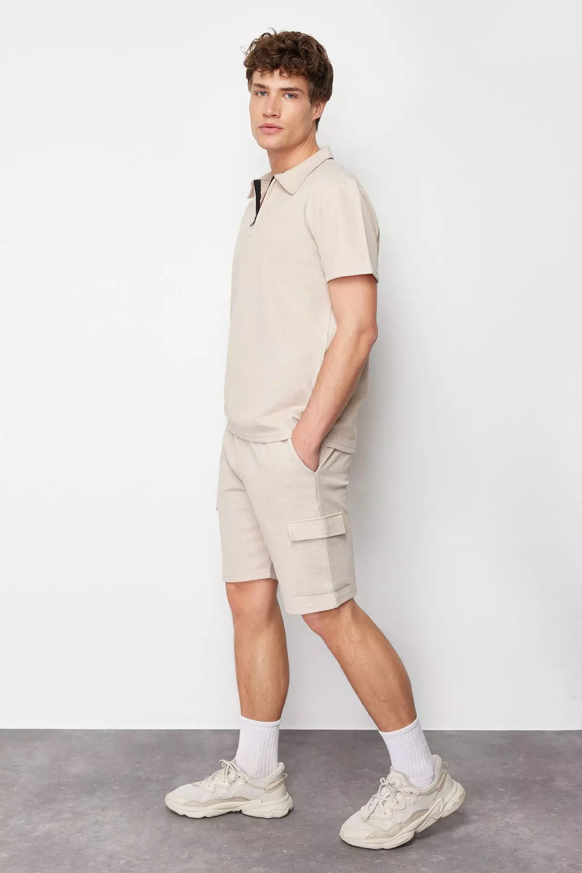 Regular Cut Zippered Polo Collar-Cargo Pocket Tracksuit Set