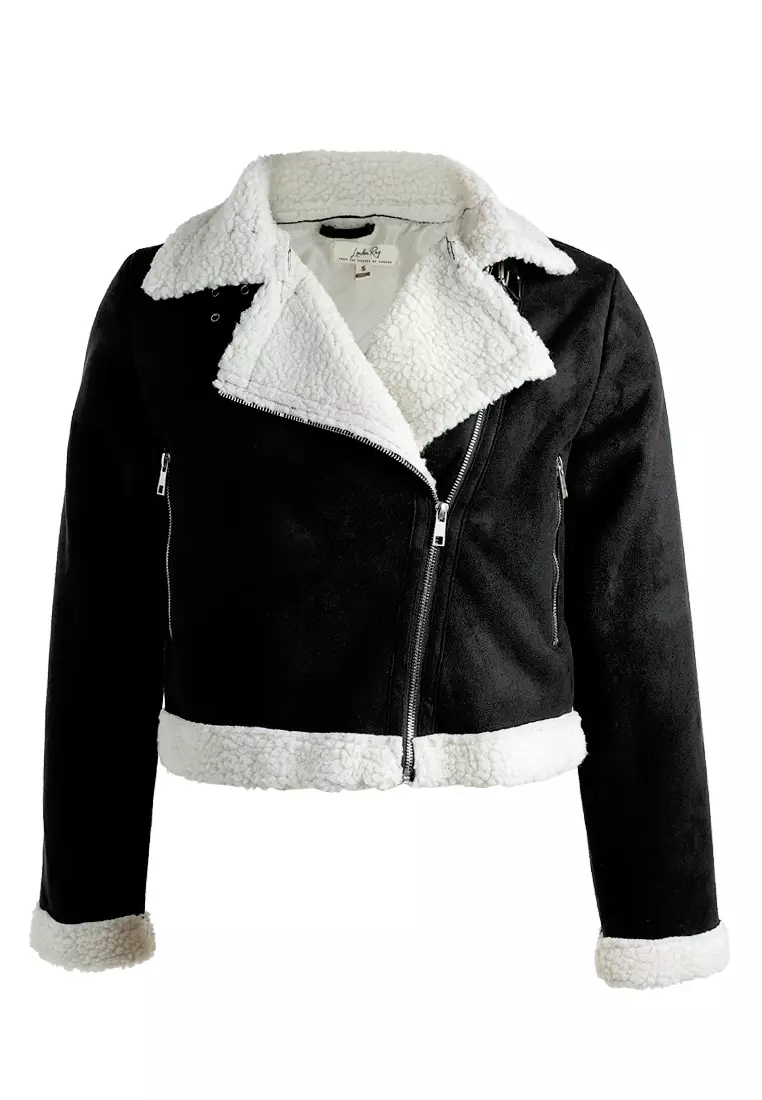 Jaket Sherpa Kerah Lebar Warna Hitam