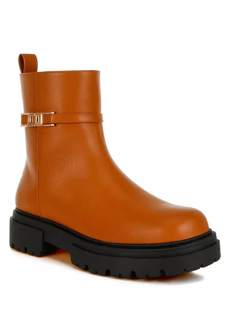 Buckle Belt Ankle Boots in Tan