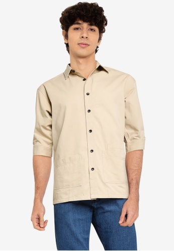 FIDELIO brown Hype Plain Mid-Sleeves Shirt CE2B0AAE7CDD98GS_1