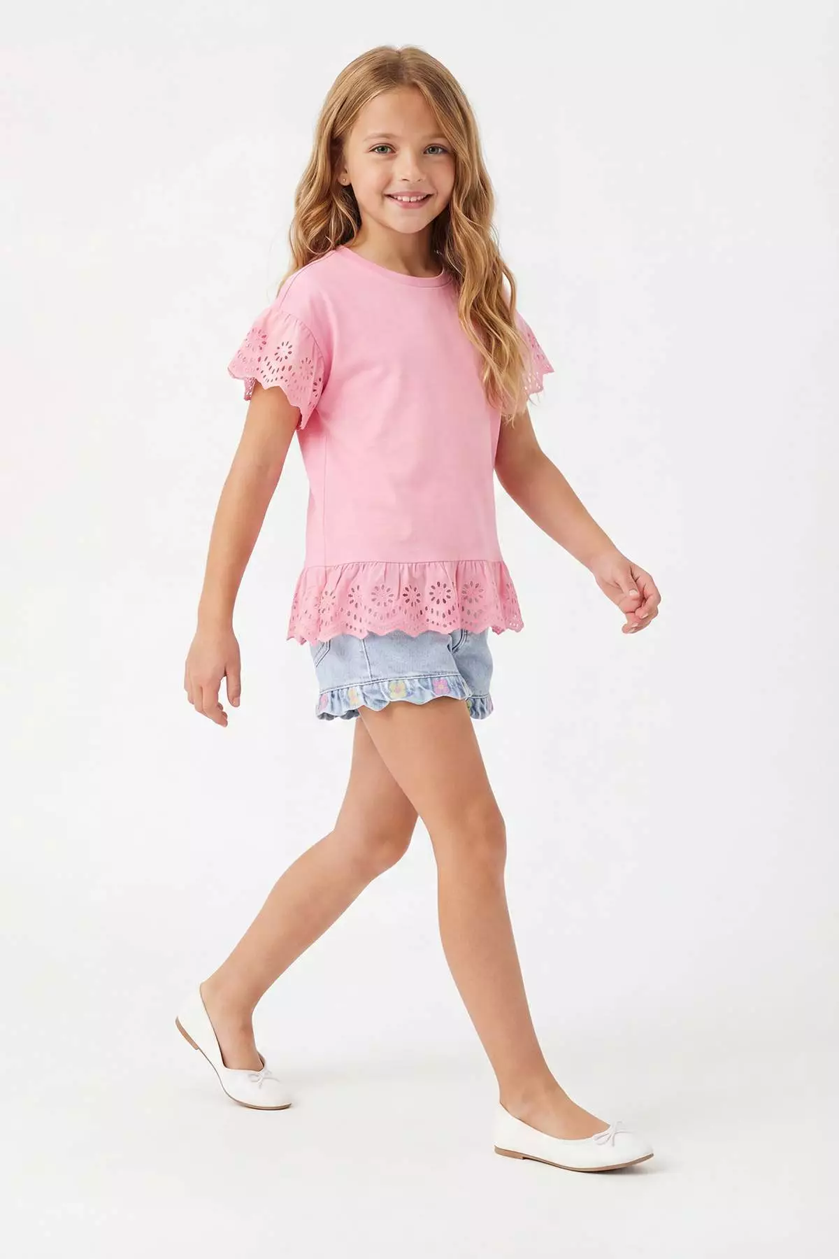 Pink Girl Child 100% Cotton Brode Detailed Short Sleeve Knitted T-Shirt/Blouse Tkdss24Ts00008