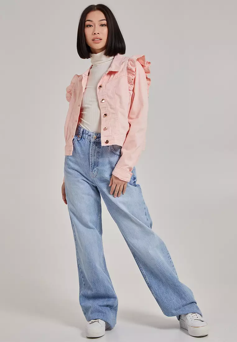 Denim jacket with frill shoulders clearance
