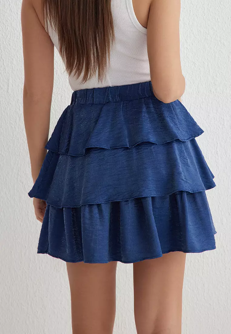 Navy Blue Skirt With Ruffle Detail Elastic Waist Mini Woven Skirt