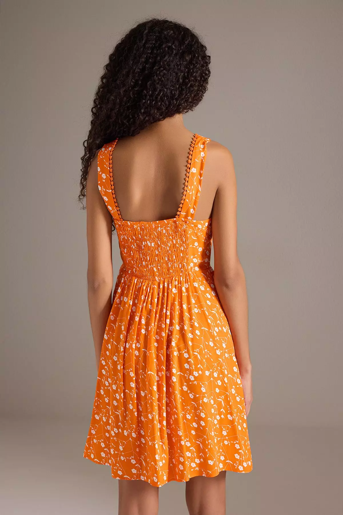Orange Floral Mini Woven Dress with Open Waist Skirt and Hooked Detail TWOSS25EL00419