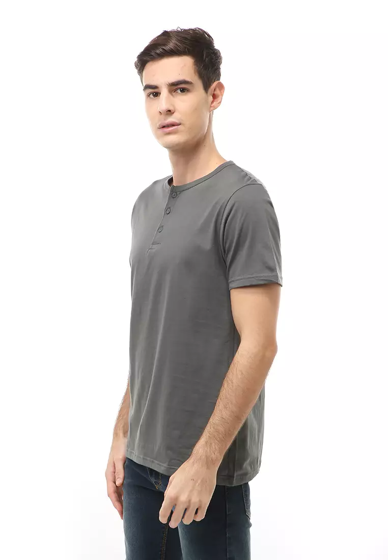 Jack T-Shirt Atasan Kasual Kaos Polos Pria Model Kancing Lengan Pendek Material Cotton ORIGINAL - Dark Gray