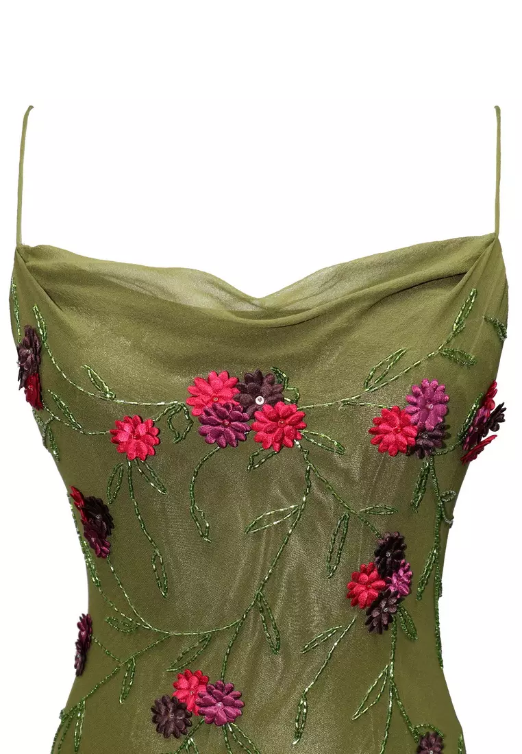 Feminine Beauty Silk Chiffon With Floral Appliques Beaded Evening Gown