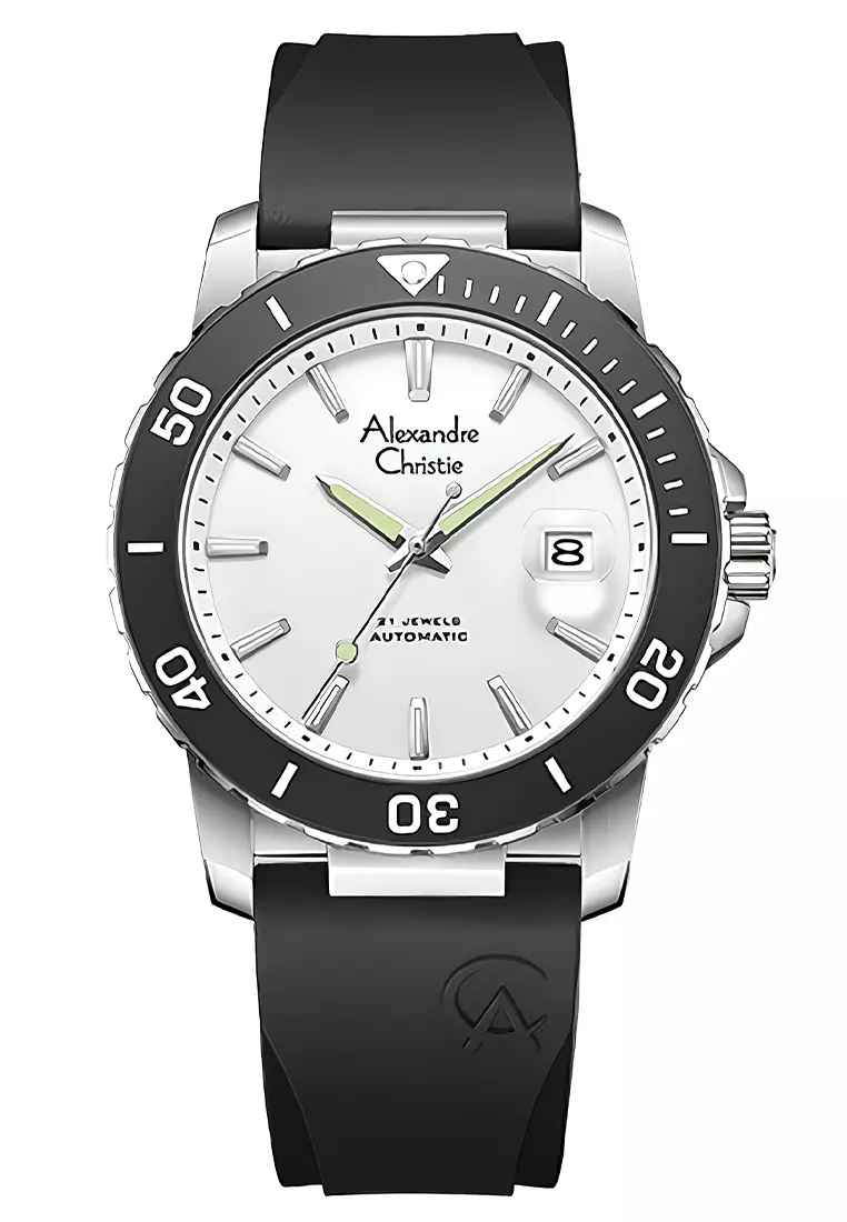 Alexandre Christie Jam Tangan Automatic Pria Silver Case White Dial Rubber Strap - 6141MARSSSL