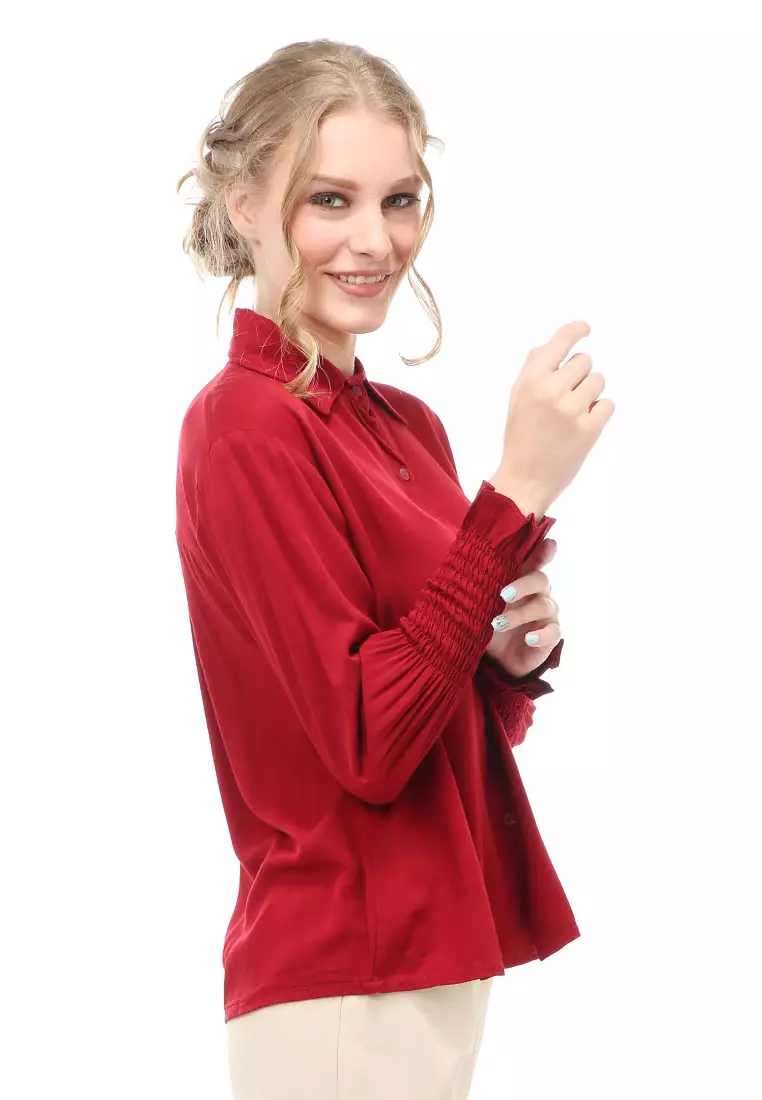 Holly Kemeja Atasan Kasual Wanita Model Lengan Karet Material Twill rayon ORIGINAL - Maroon