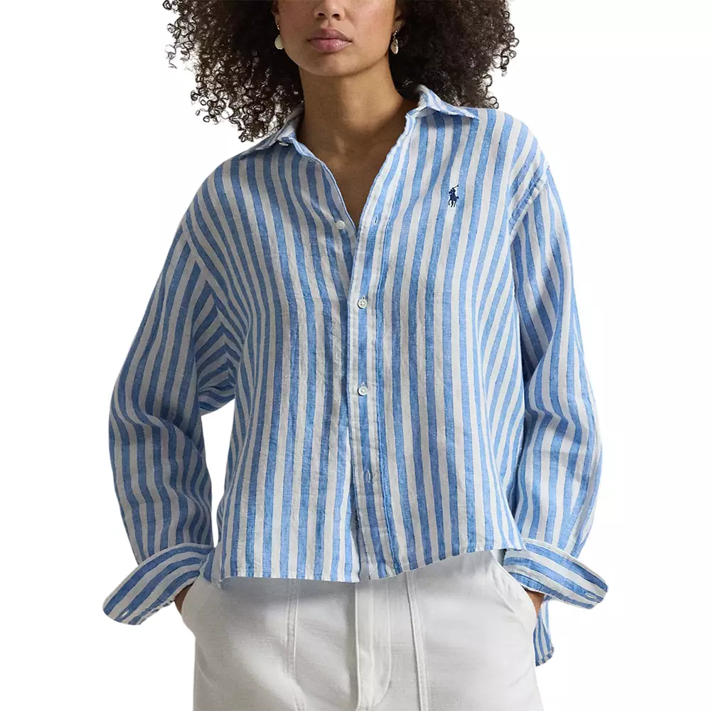 Cropped Striped Wide Linen Shirt Blue White