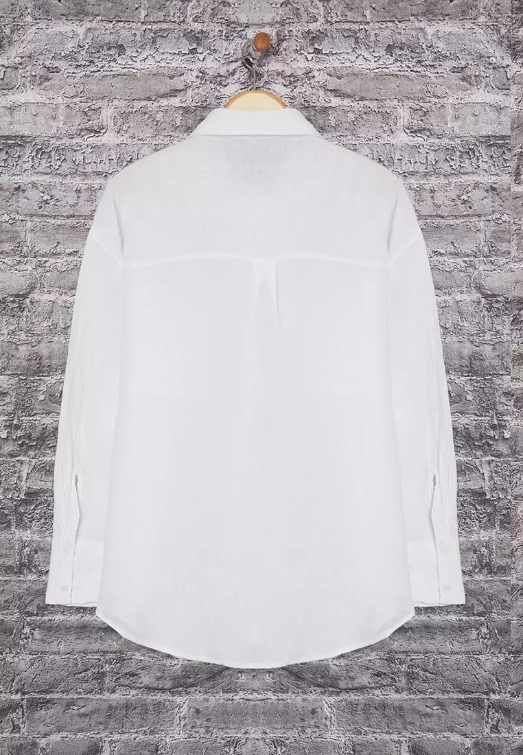 White 100% Linen Summer Large Size Shirt Tbbss25Ax00021