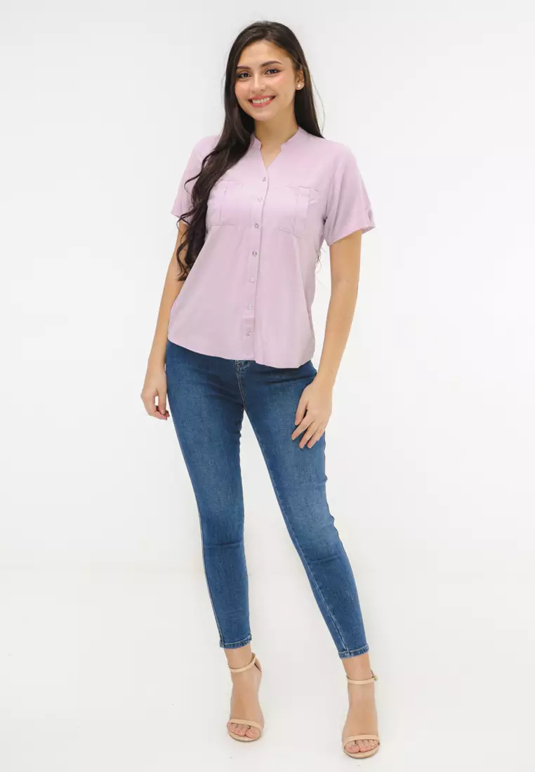 Woven Plain Rayon Short Sleeves Blouse