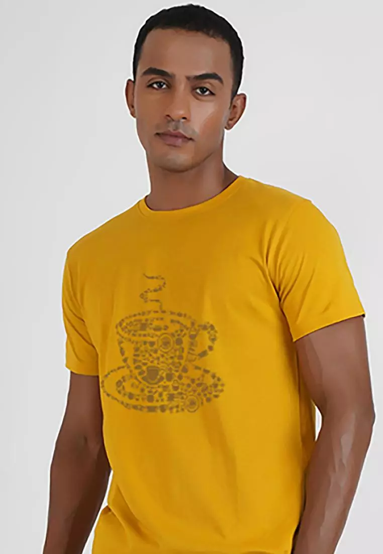 Coffee Graphic Yellow Cotton Short Sleeve Regular Fit T-Shirt