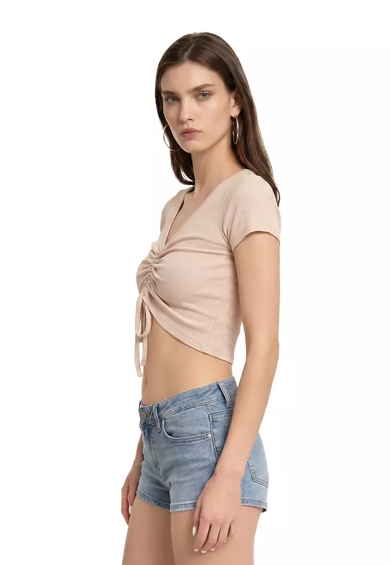 Beige Drawstring Detail Crop Top