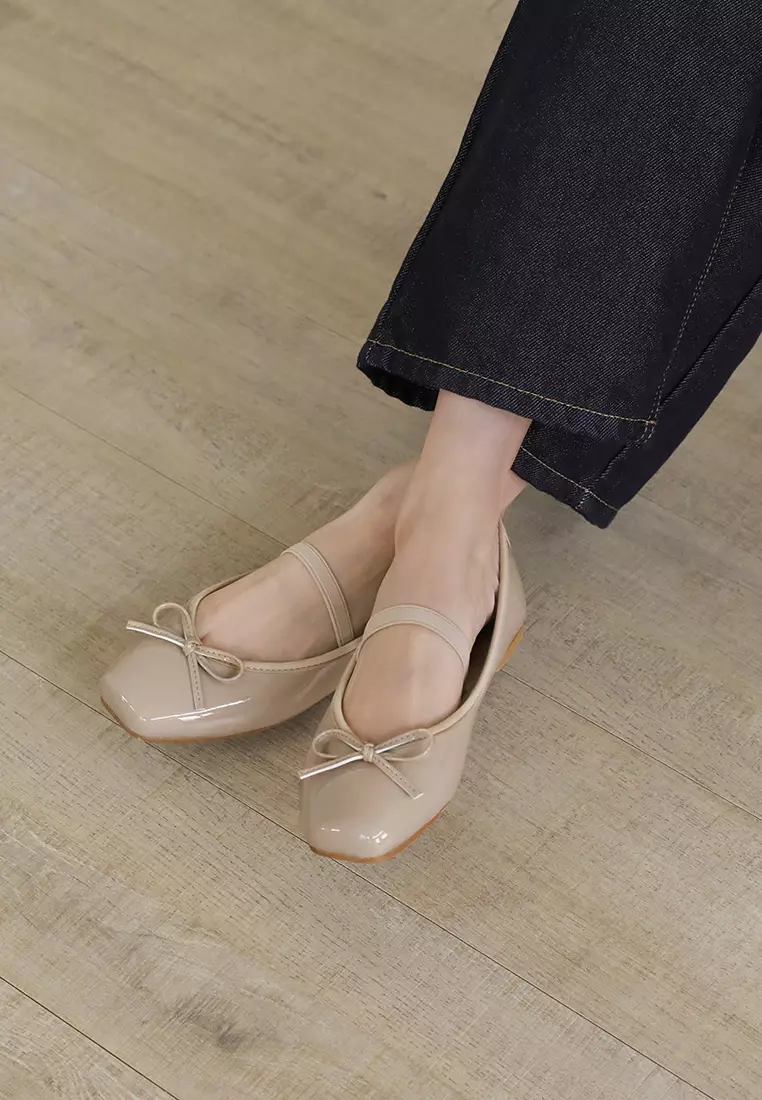 Erino Enamel Ribbon Maryjane Flats (1cm) - Beige