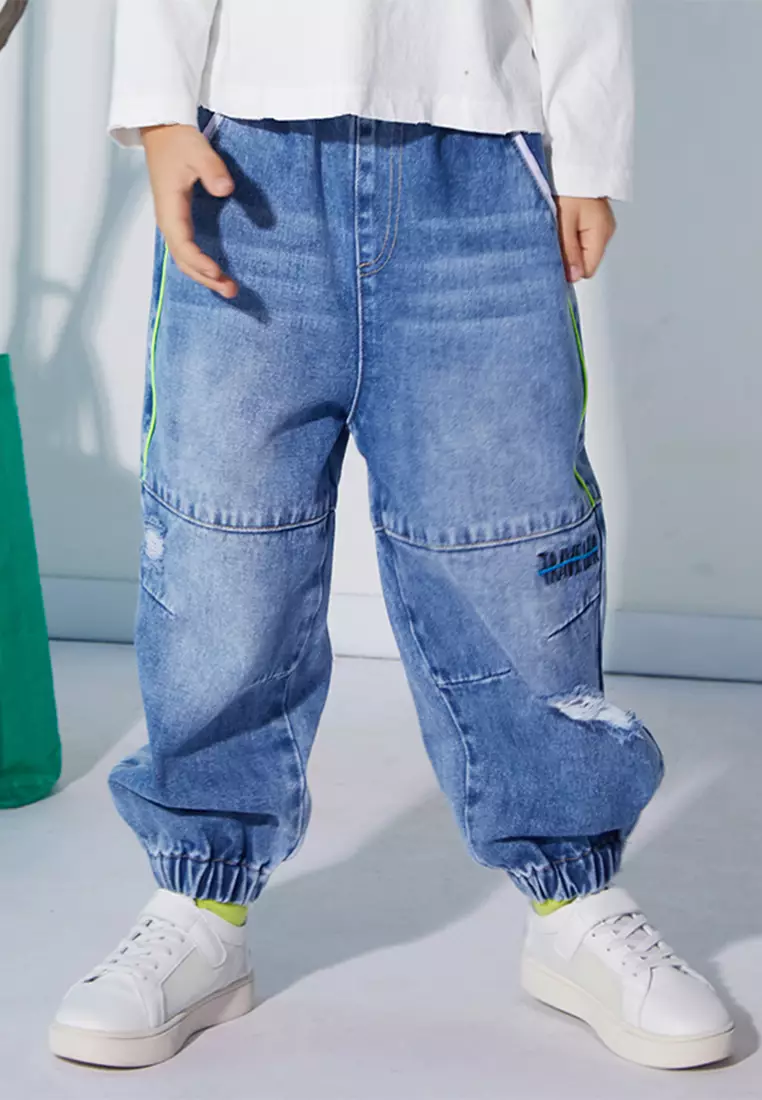 Denim Joggerpants With Ripped Design