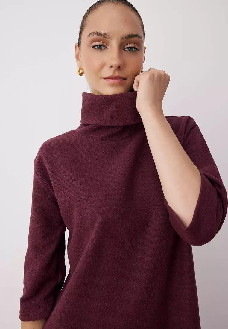Plum Turtleneck Shift/Plain Mini Selanik Long Sleeve Knitted Dress