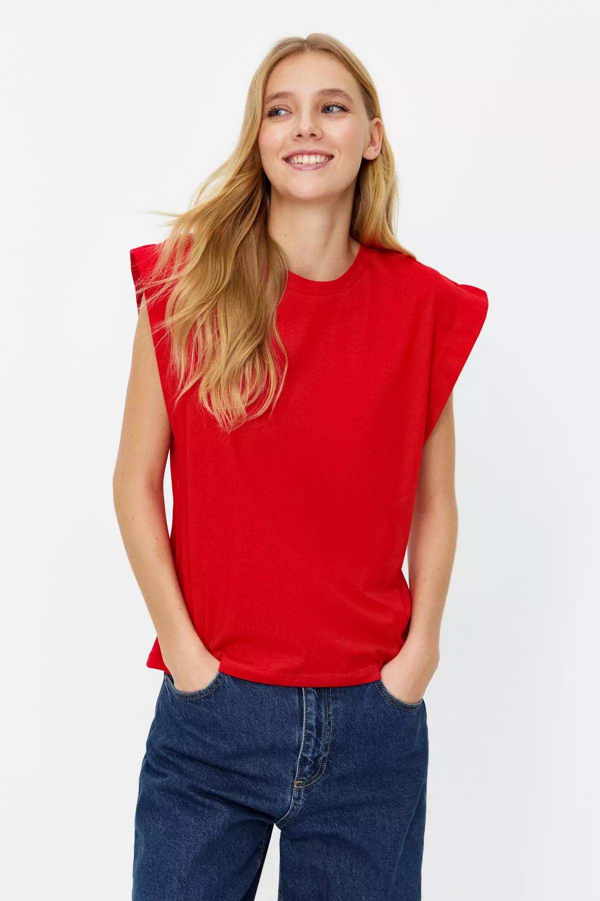 Red Striped Striped Padded Look Basic Crew Neck Knitted T-Shirt