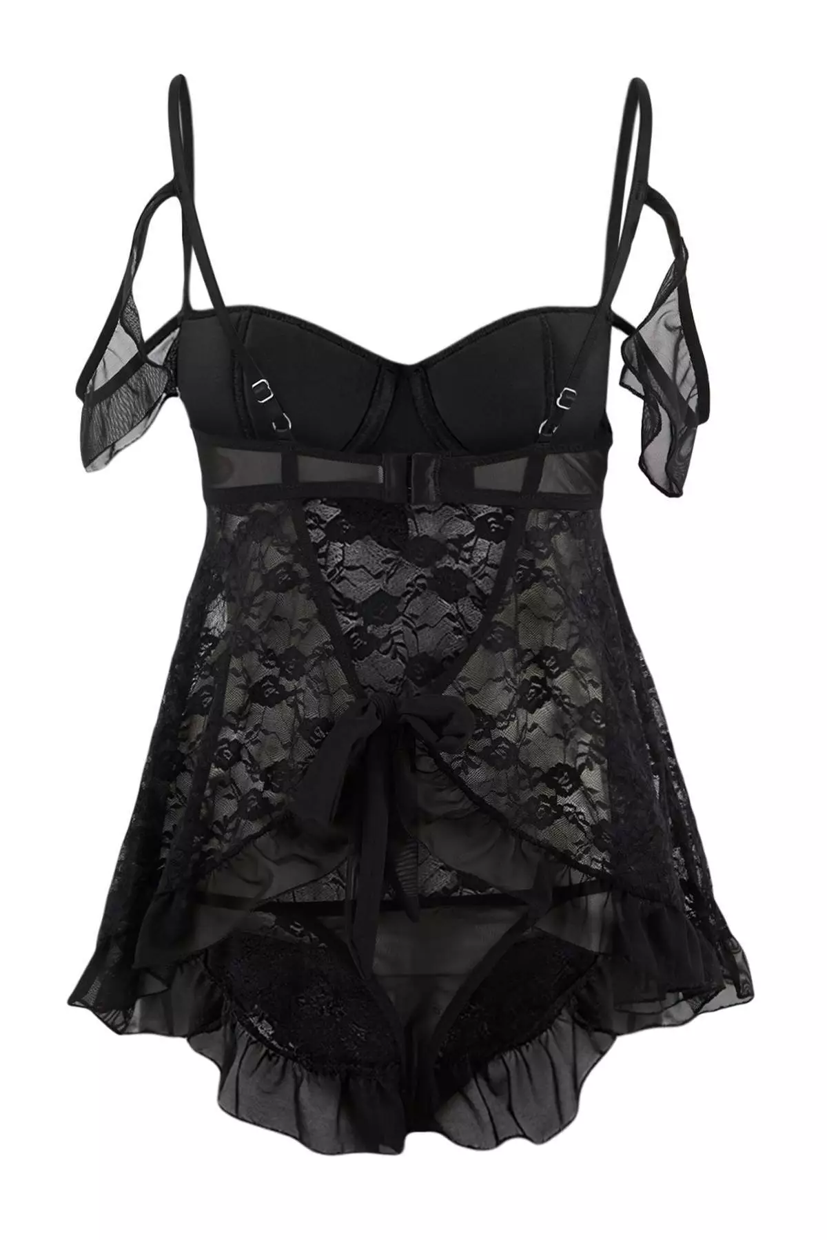 Black Tulle Sleeve Detailed Babydoll/Fantasy Nightgown Thmss26Ll4