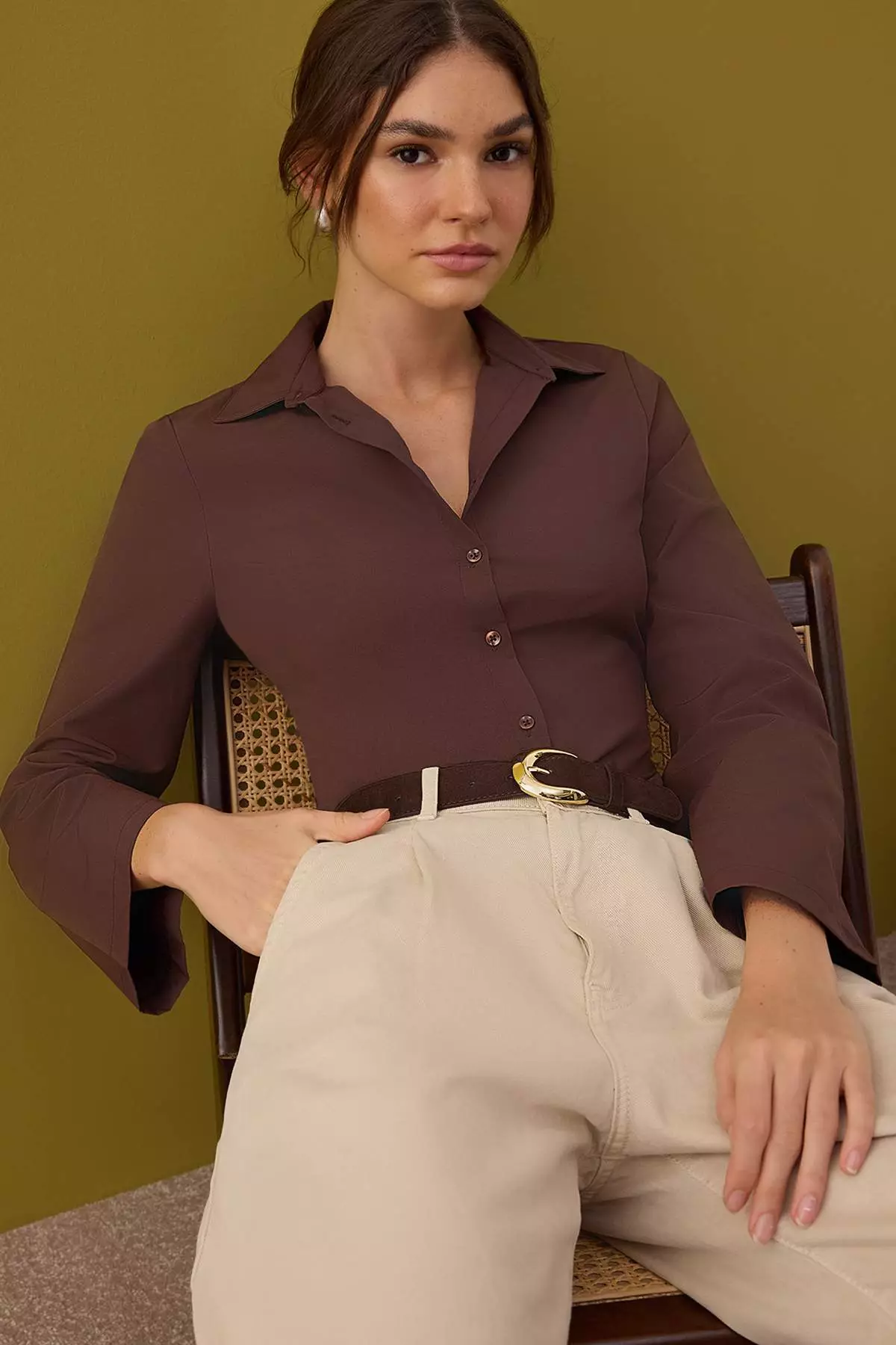 Brown Corset Detailed Fitted Waist Shirt Twoaw26Go55
