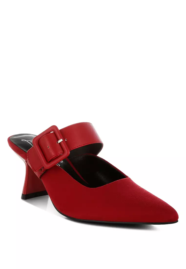 Sepatu Mules Runcing Microfiber Warna Merah