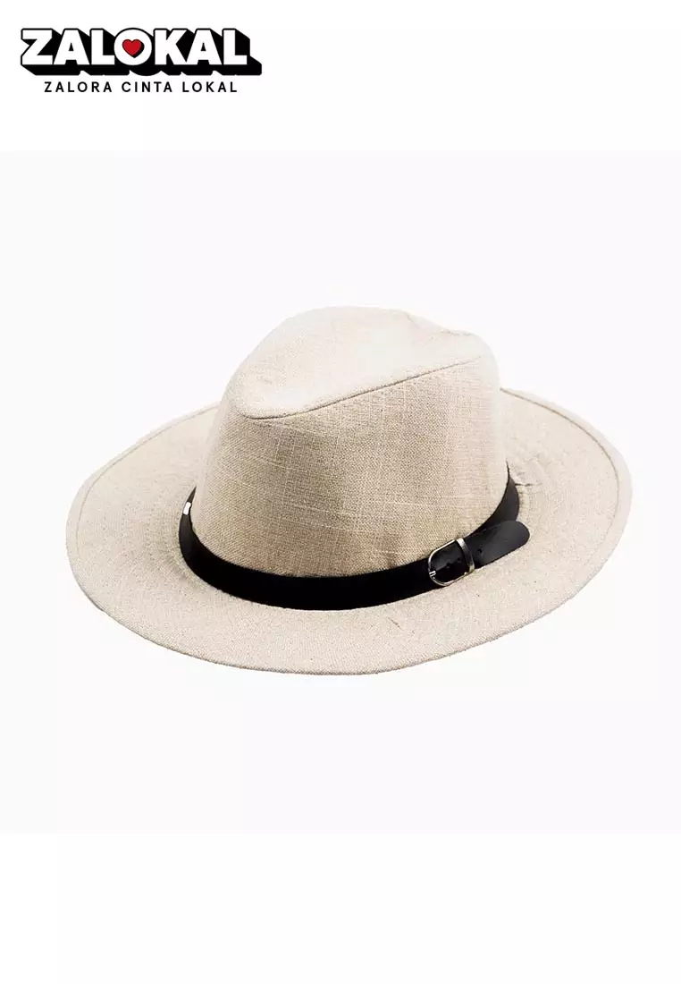 Houseofcuf Topi Panama Hat Fedora Pantai Lebar Unisex Beige List Hitam
