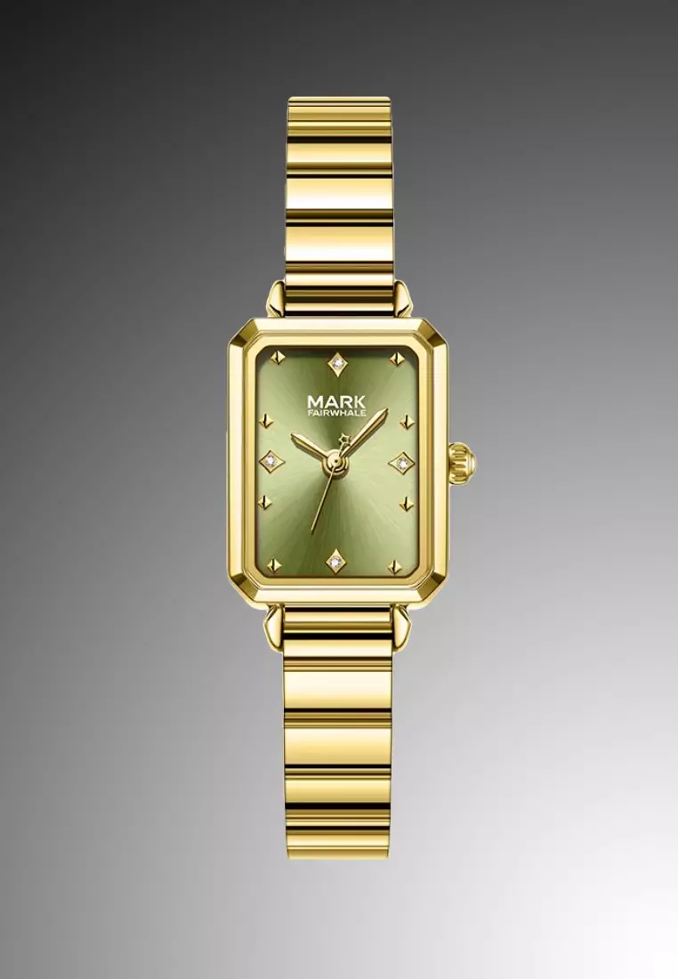 Ladies Alloy Quartz Watch, 32mm Watch Case Height, Gold Color Stainless Steel Bracelet, Olive Green Dial