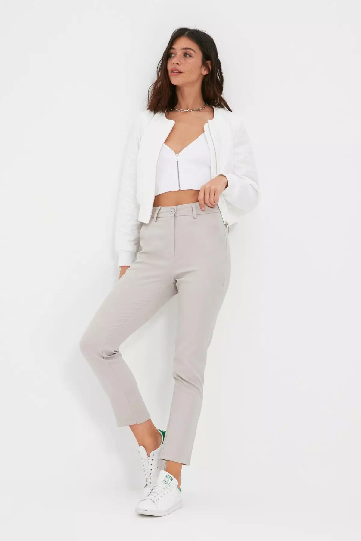 Gray Basic Cigarette Woven Fabric Trousers TWOSS19ST0038