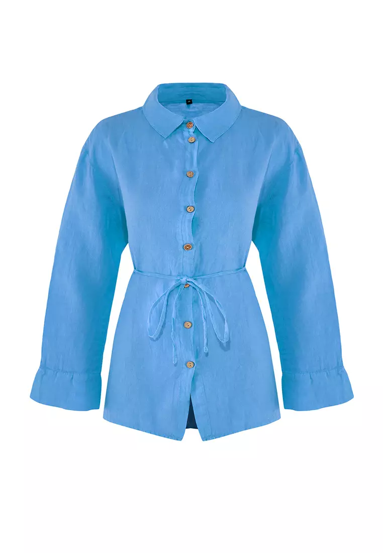 Blue Weaving 100% Linen Tied Beach Shirt TBESS25GO00015