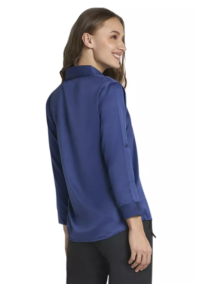 Uchenna Kemeja Lengan Panjang Shirt Plain Atasan Wanita Baju Kerja Regular Fit - Navy