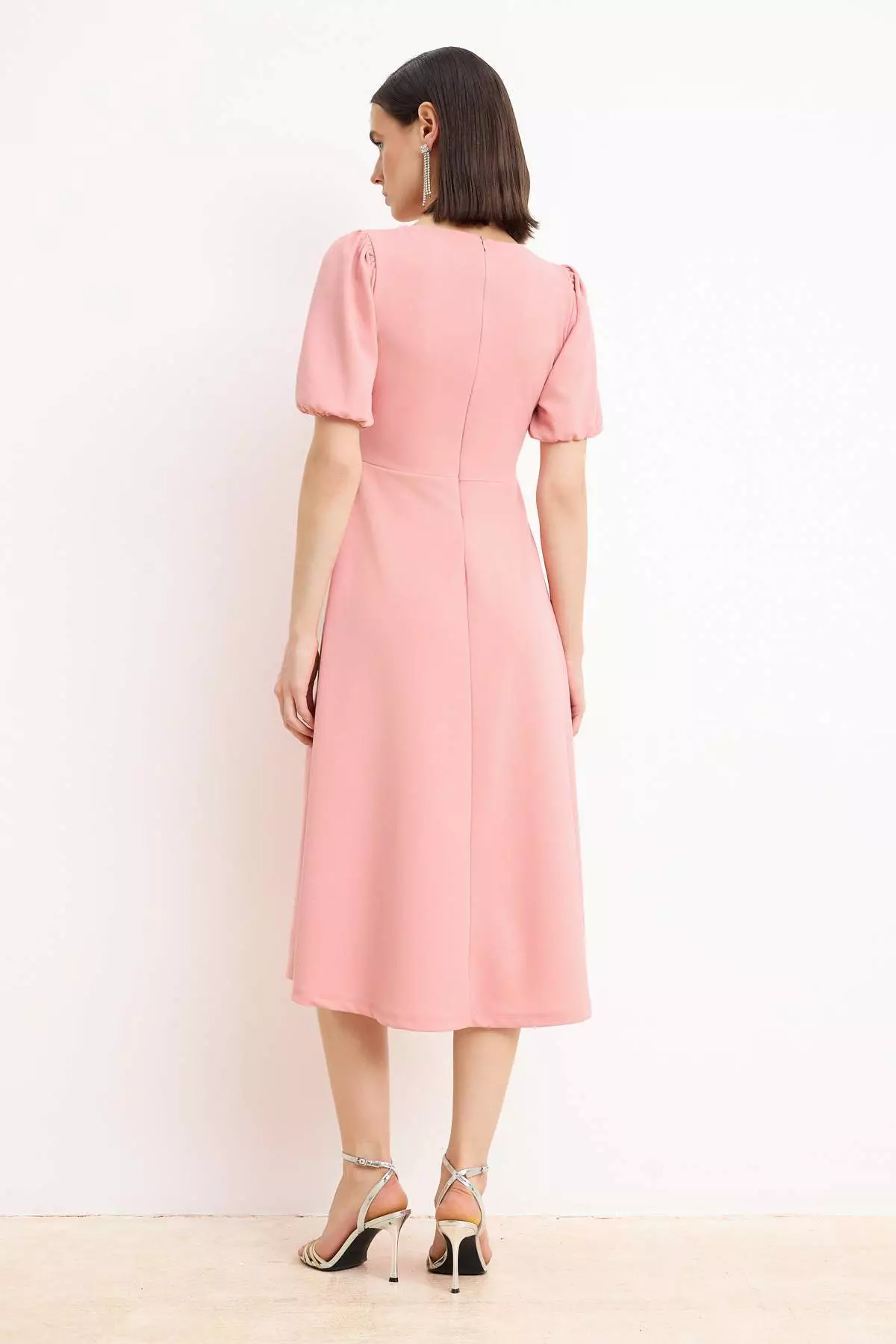 Light Pink Plain Skirt With Bow At The Waist, Knitted Finike Midi, Unlined, Stylish/Evening Dress