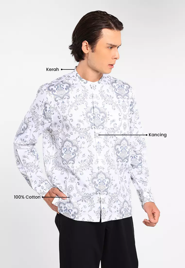 MANZONE X Adipati Dolken - Kemeja Koko Shanghai Lengan Panjang Pria Tazkia Comfort Fit - White Warna White