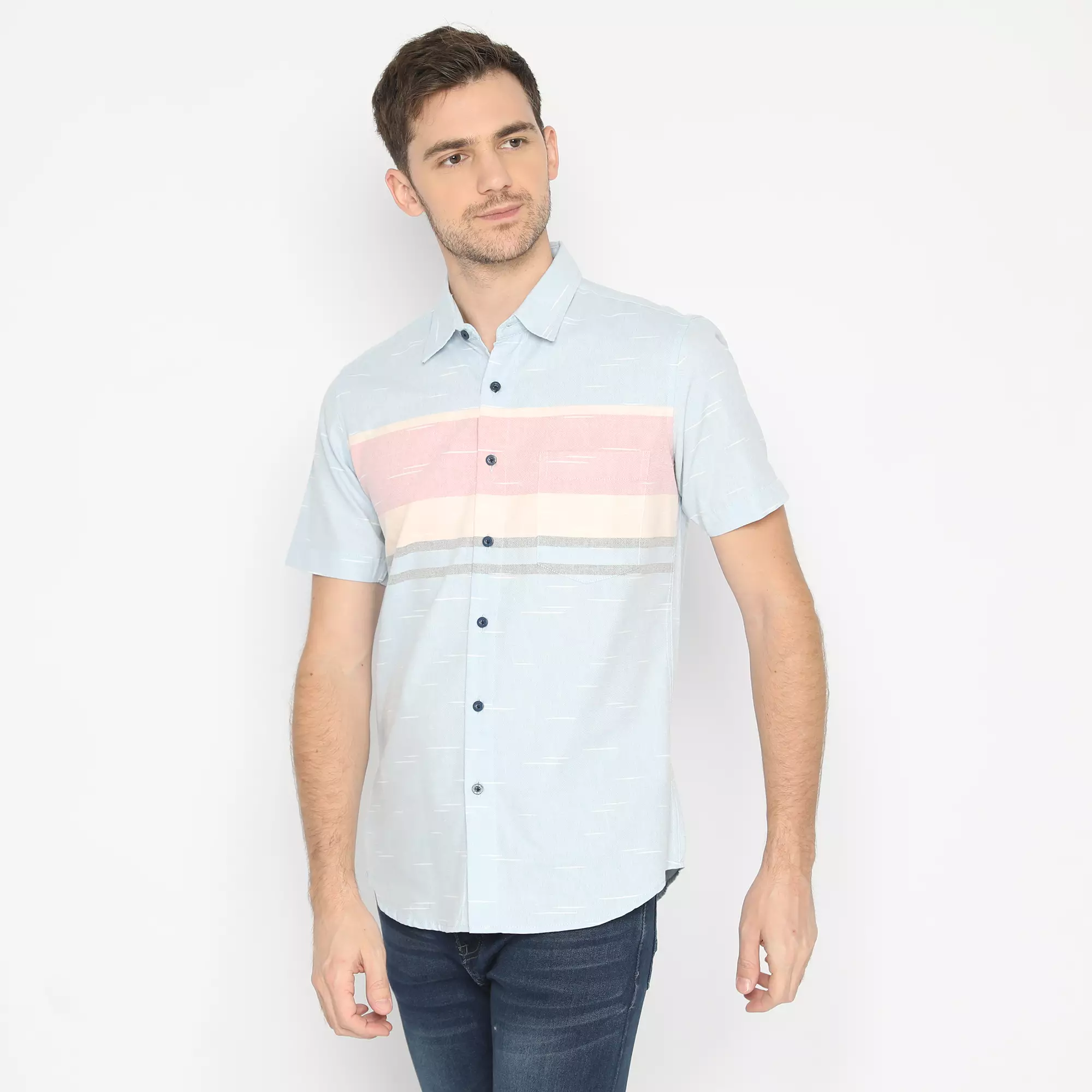 Platini Kemeja Motif Salur Pria Lengan Pendek Katun Oxford Biru 73273