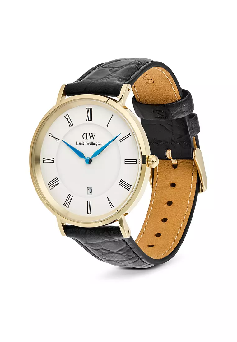 Classic 40mm Roman Numerals Date Black Croc Belly Gold - Men Watch stainless steel Leather strap watch DW Official Authentic Original 男士手錶 不銹鋼 真皮 手錶 DW 官方 正品