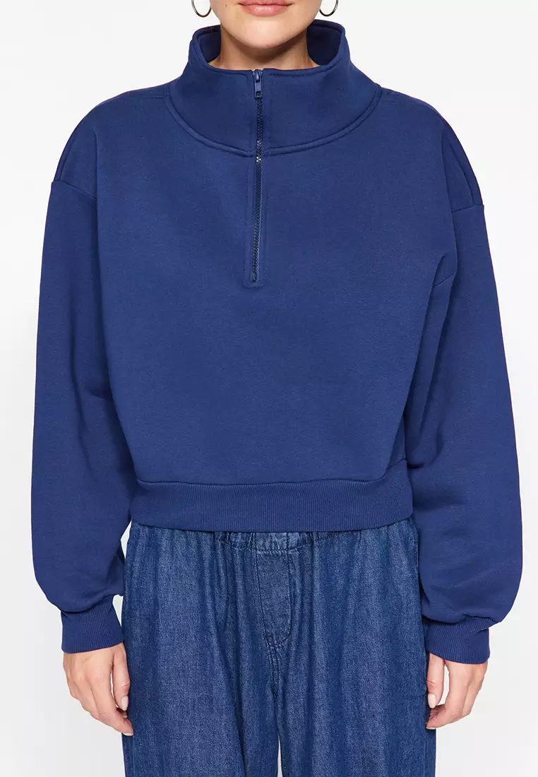 Navy Blue Relaxed Fit Crop Basic Zippered Stand Collar Thick Fleece Inside Knitted Sweatshirt