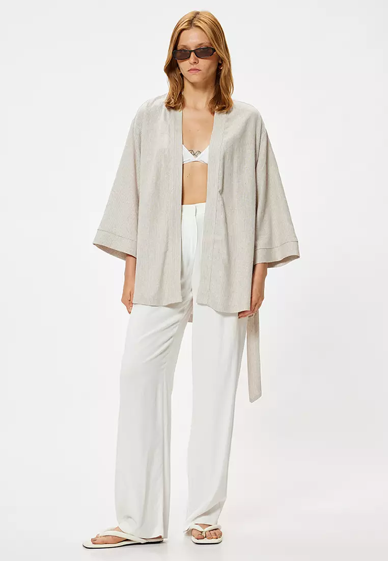 Oversize Linen Kimono Wide Long Sleeve and Belt Detail