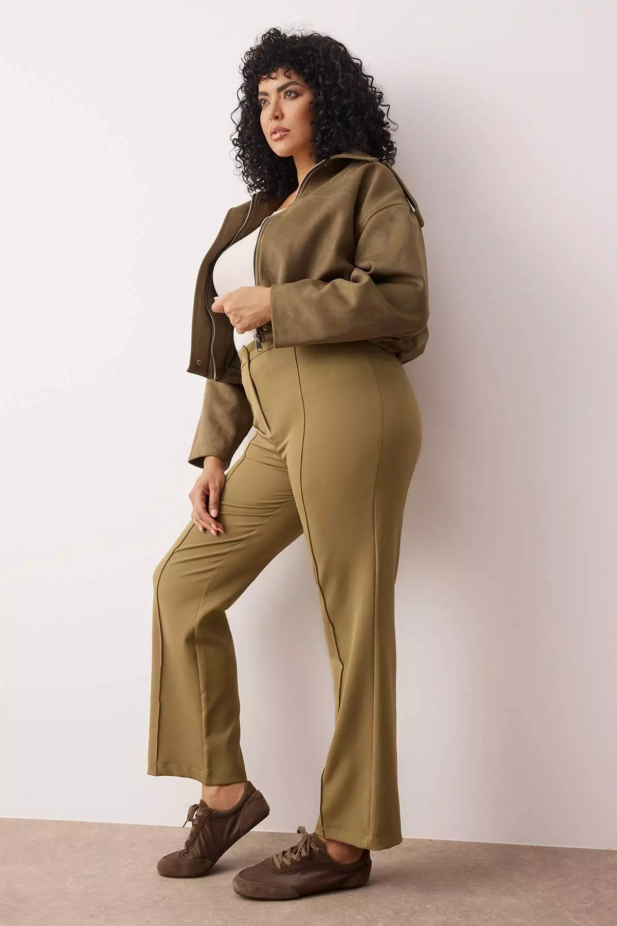 Khaki Straight/Straight Cut High Waist Ribbed Stitching Woven Pants Tbbss22Pl0301