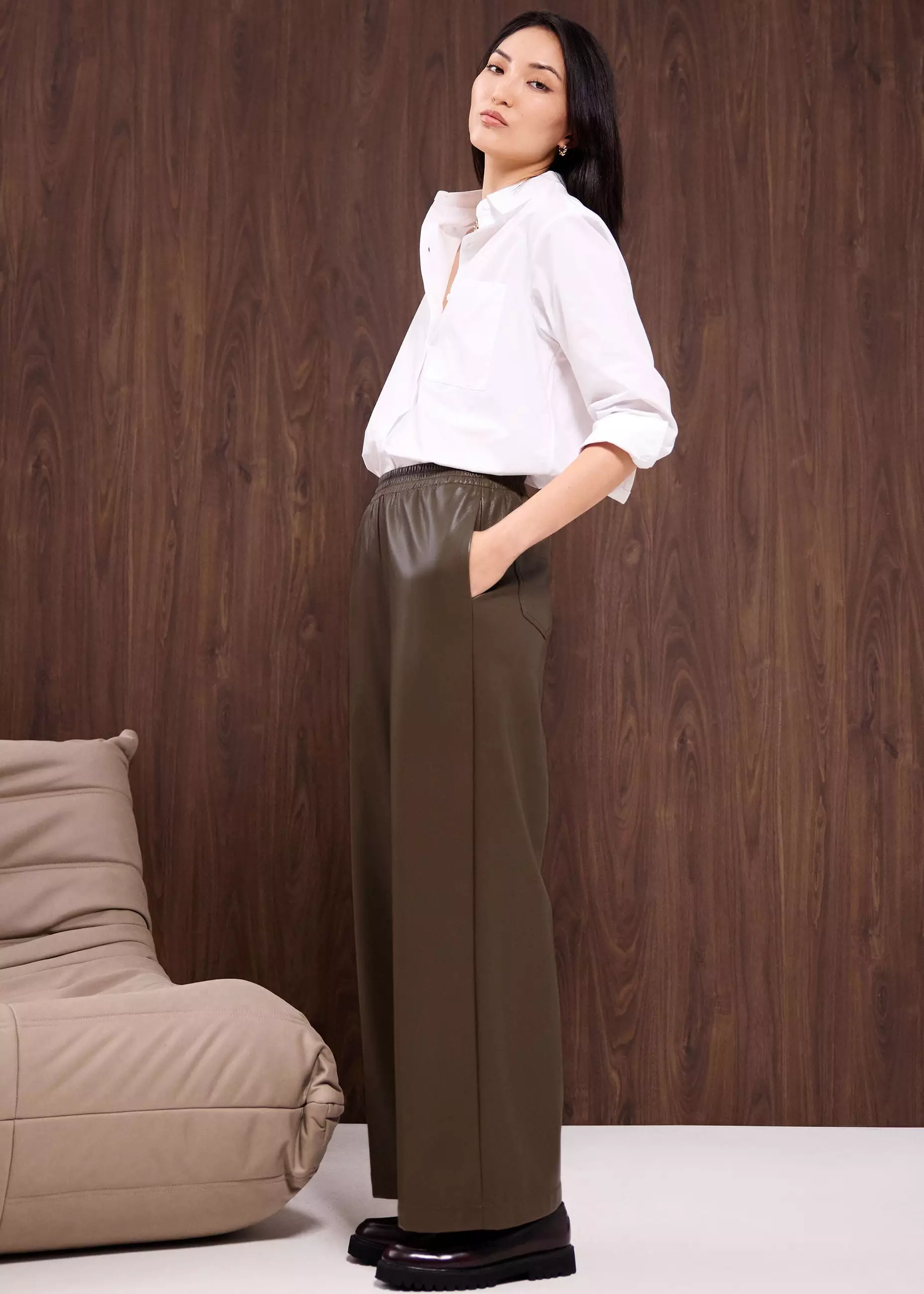 Celana Wanita - Leggy™ Elastic High Waist Vegan Leather Wide Leg Pants