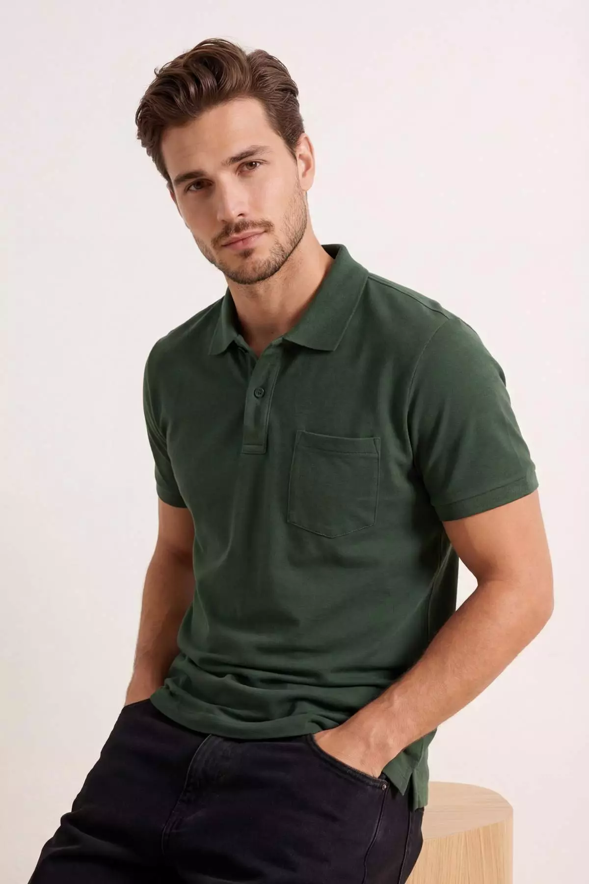 Khaki Regular/Comfortable 100% Cotton Single Pocket Polo Neck T-Shirt Tmnss26Po00018