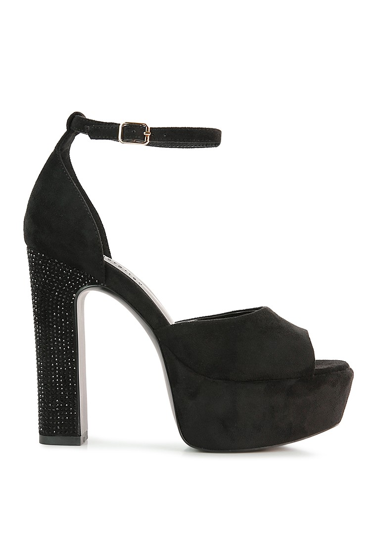 Black High Block Heeled Diamante Stud Sandals