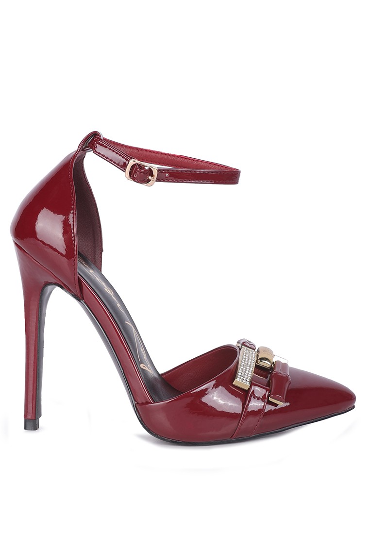 Burgundy Diamante Buckle Patent Stiletto Sandals