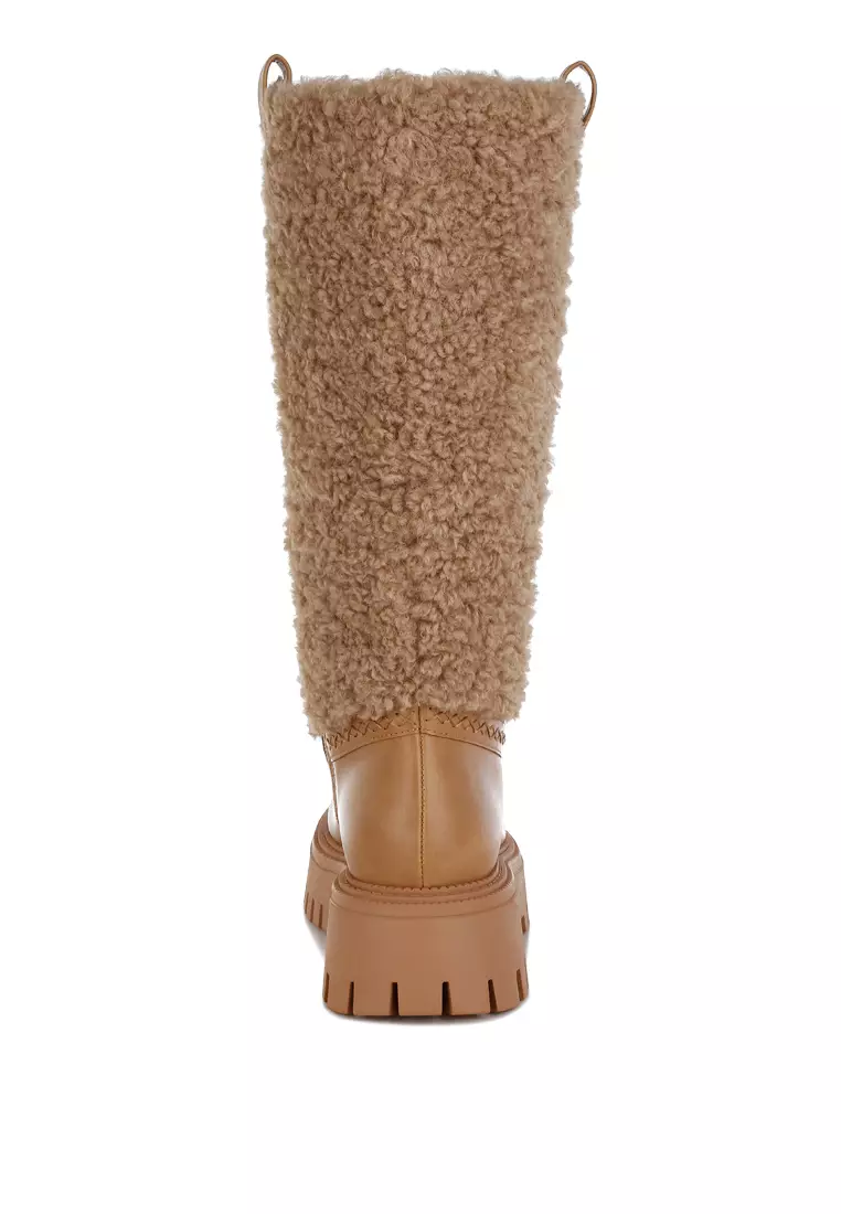 Fur Detail Calf Length Boots in Beige