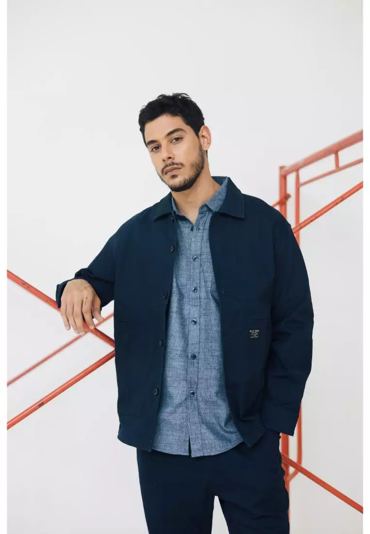 POLICE Kemeja Polos Semi Jaket Navy Regular Fit Lengan Panjang Pria