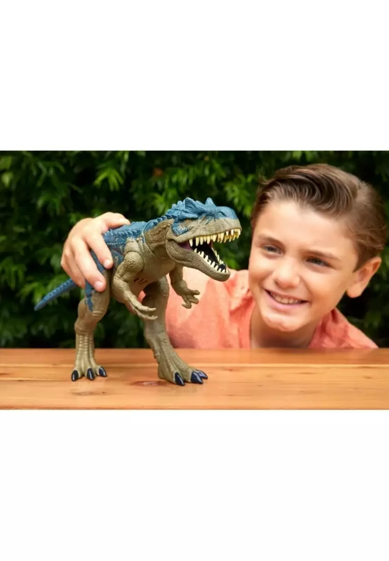 Jurassic World Ruthless Rampagin Allosaurus Dinosaur Toy Action Figure with Continuous Chew Attack and Roaring Sound, Button Activated Developed Battle Tags