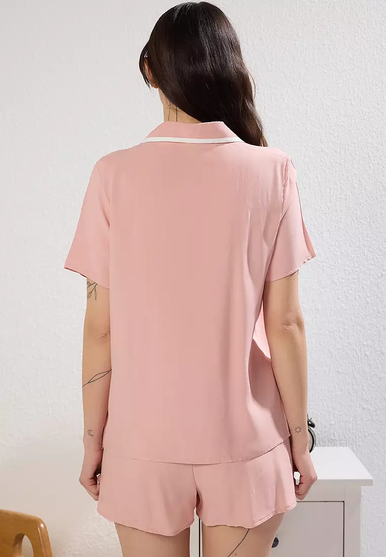 Pink Piping Shorts Woven Pajama Set