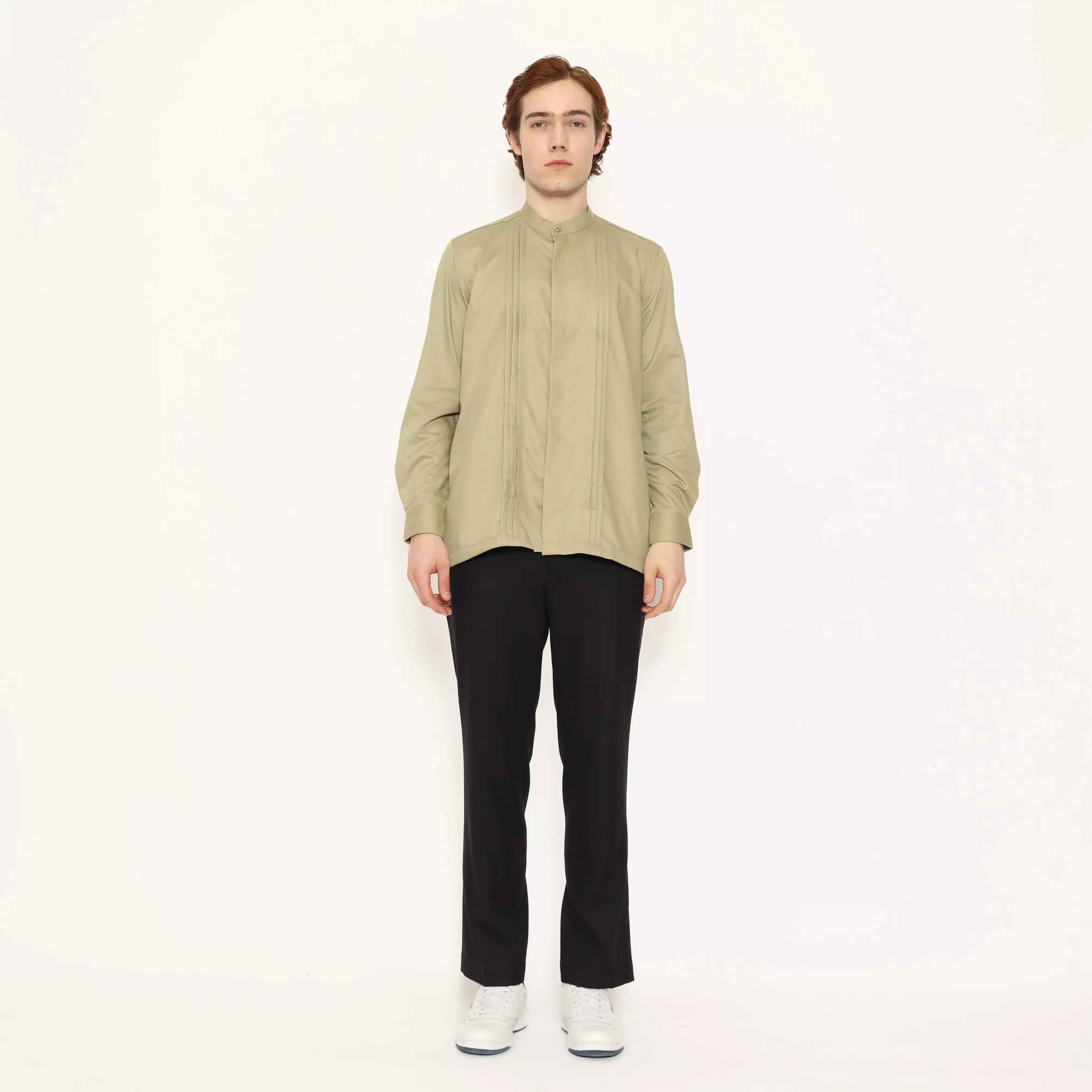 LAWELL BALLEY-L Baju Koko Pria Lengan Panjang Regular Fit Tekstur Halus Warna Sage Green