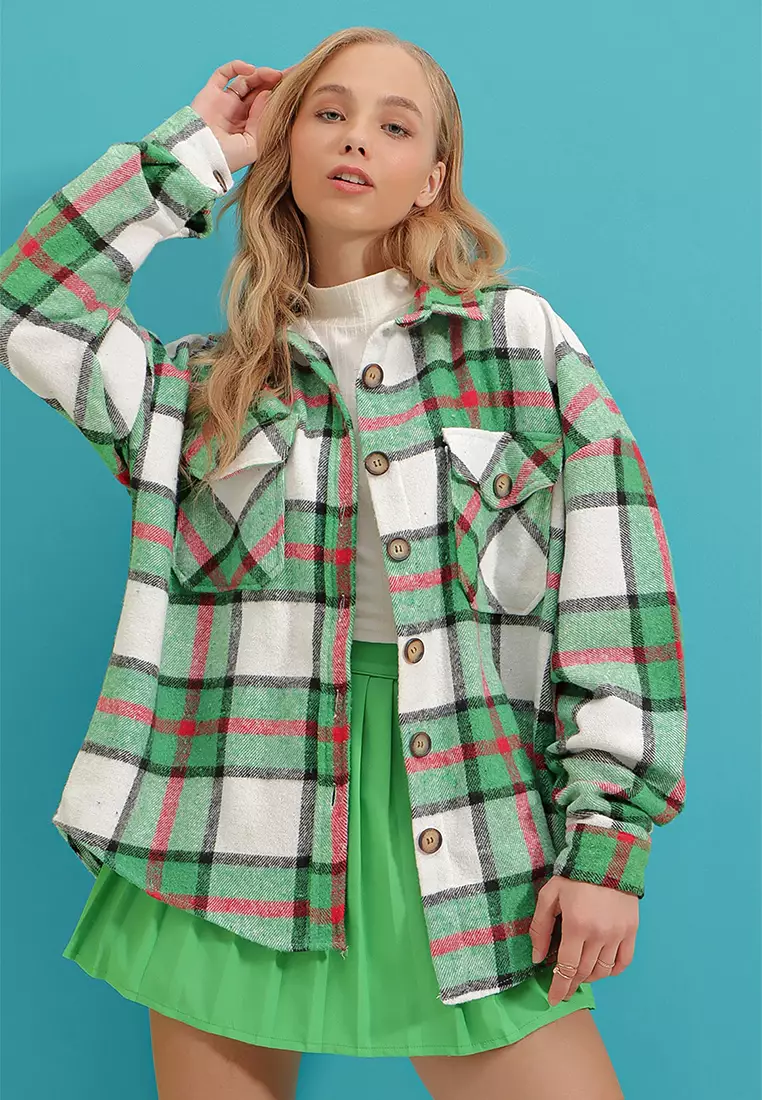 線上選購Alacati Vibrant Green Checkered Stamped Cotton Oversized