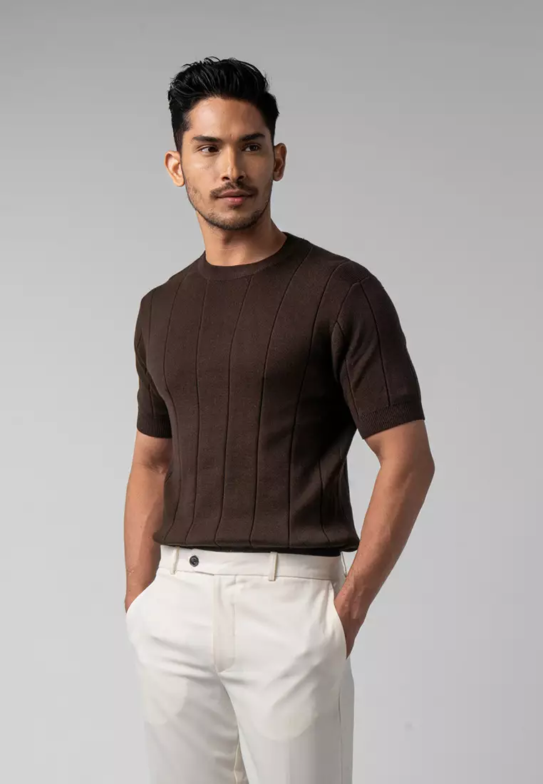 Mens Striped Knitted T-Shirt Cotton Dark Brown SS